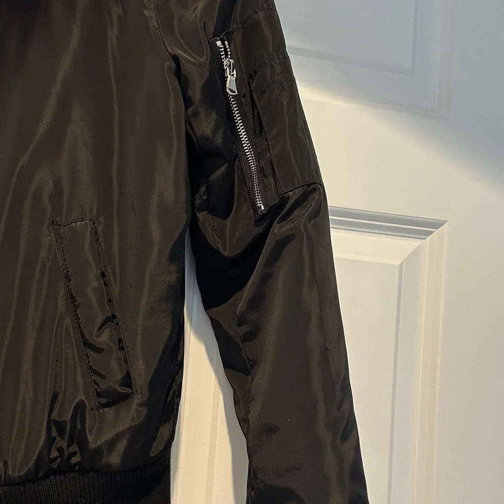 Bagatelle Black Bomber Jacket with Red Fur Collar - Picture 4 of 8